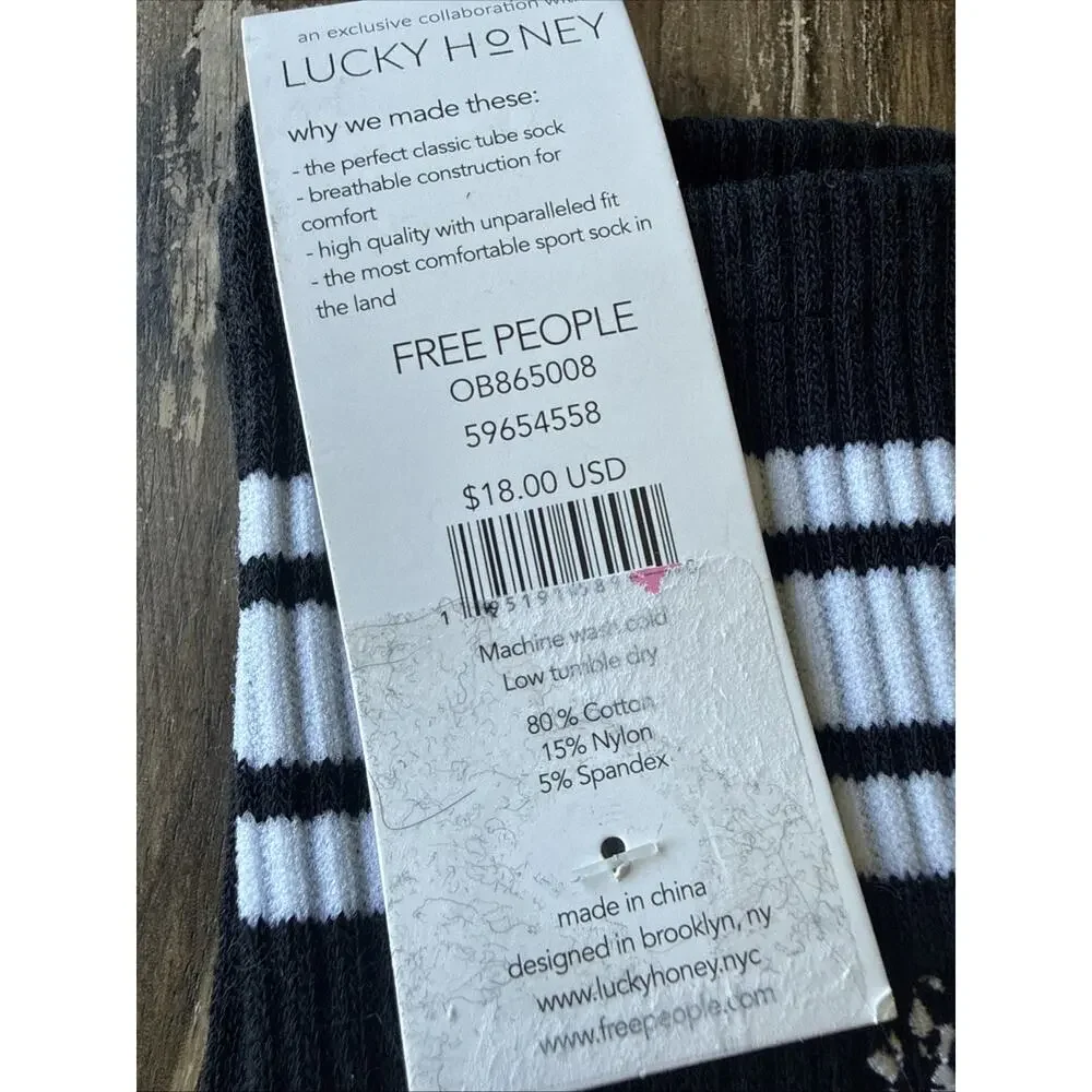 NWT Free People Movement Logo Stripe Tube Socks Black White LUCKY HONEY One Size